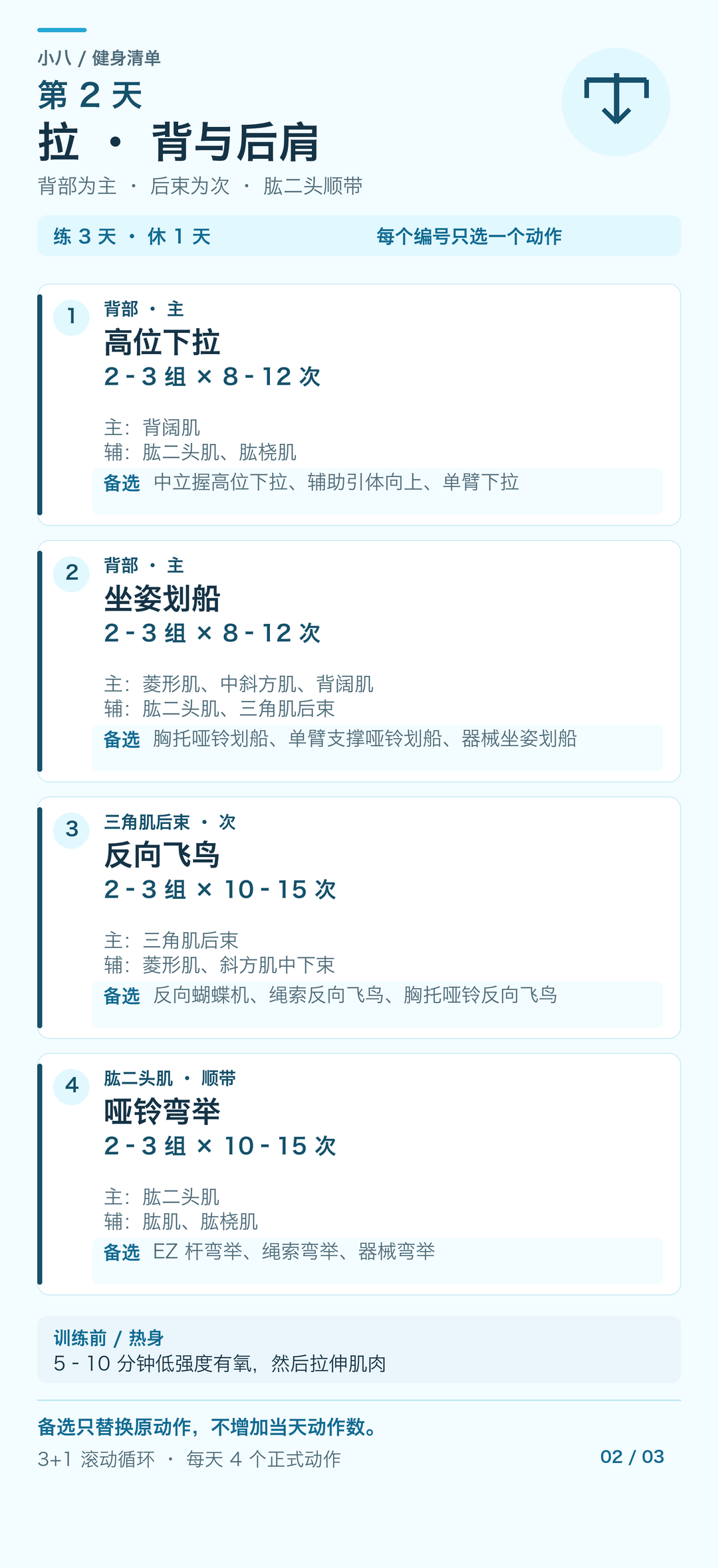 第二天:拉——背、三角肌后束、肱二头肌